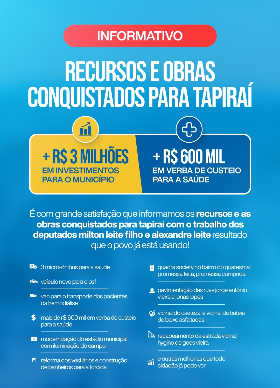 Divulgação de emendas e investimentos destinados ao município de Tapiraí traz balanço de obras e recursos na saúde e infraestrutura
